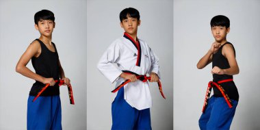 Siyah Kırmızı Kemer Tekvando Karateci Çocuk geleneksel dövüş pozları veriyor. Spor üniformalı Poomsae, 15 yaşında çocuk, stüdyo aydınlatmalı beyaz arka plan yarı vücut profili izole edilmiş.