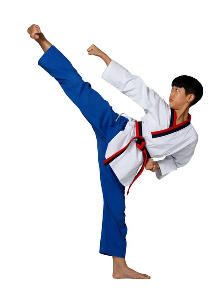 Black Red Belt Taekwondo Karate Kid Αθλητής Έφηβος Δείχνουν Παραδοσιακά — Φωτογραφία Αρχείου