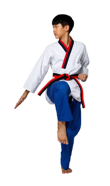 Black Red Belt Taekwondo Karate Kid Αθλητής Έφηβος Δείχνουν Παραδοσιακή — Φωτογραφία Αρχείου