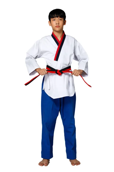 Black Red Belt Taekwondo Karate Kid Idrottare Tonåring Visa Traditionella — Stockfoto