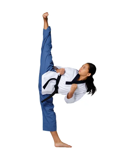 Karate Taekwondo Ragazza Adolescente Pratica Combattere Calcio Gamba Alta Livello — Foto Stock