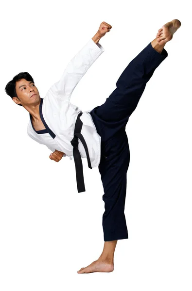 跆拳道运动大师练习空手道 指导员身穿传统制服 在白色背景上表现出Poomsae Kick的动作 与全长隔离 — 图库照片