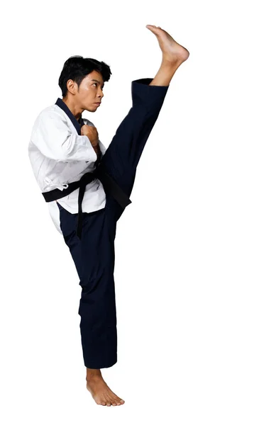 Sport Master Taekwondo Practice Karate Poses Instructor Desgaste Uniforme Tradicional — Foto de Stock