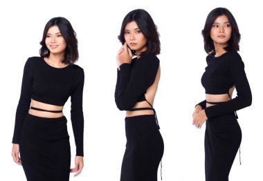 20 'li yaşlardaki Asyalı Kadın Kolajı. Uzun kollu siyah saçlı. Sırtı açık, deri ayakkabılı. Kadın duruşu ve güçlü moda izole beyaz arka plan üzerinde poz verir