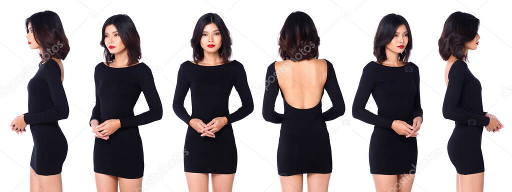 Collage Half body of 20s Asian Woman black hair long sleeve short skirt dress leather shoes with open back. Female stands and turns 360 around rear side back view over white Background isolated