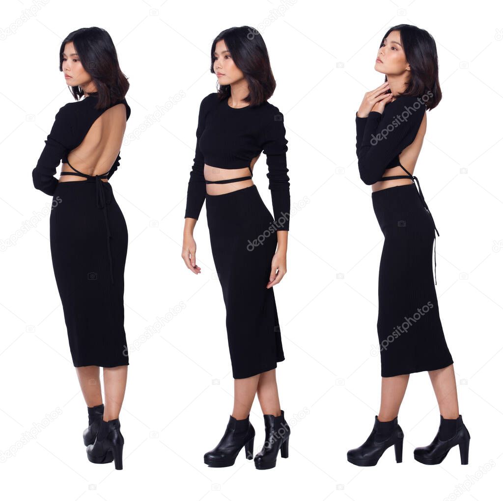 Collage Full length of 20s Asian Woman black hair long sleeve skirt dress leather shoes with open sexy back. Female stands and strong fashion poses over white Background isolated