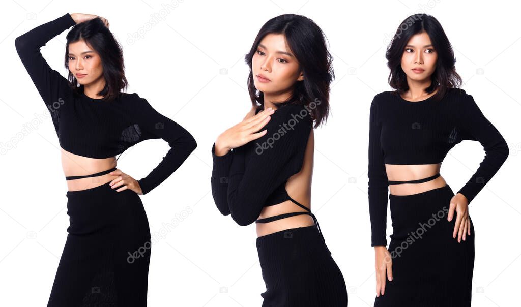 Collage Half Body of 20s Asian Woman black hair long sleeve skirt dress leather shoes with open sexy back. Female stands and strong fashion poses over white Background isolated