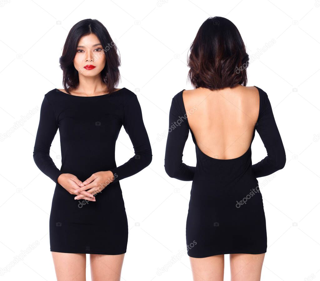 Collage Half body of 20s Asian Woman black hair long sleeve short skirt dress leather shoes with open back. Female stands front rear back view over white Background isolated