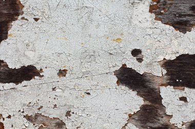 Doku, şekil, arka plan. Eski boya. Bir çok katman ahşap duvar boyayı çatlattı, beyaz tonlu boya zamanla dökülüyor.