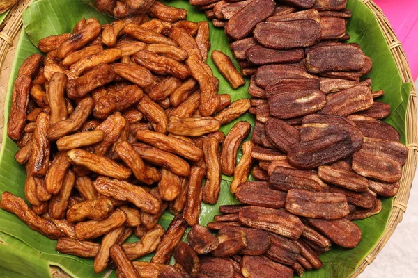 Backgroud Draufsicht Nahaufnahme Von Zutatenmaterial Selektive Fokusunschärfe Dry Sweet Banana — Stockfoto