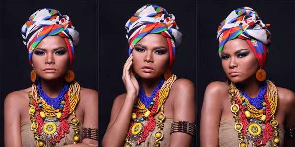 アフリカの丘の部族のスタイルを構成するファッションと20代のアジアの女性の半分の体を閉じます 日焼けした肌の女の子は 黒の背景にカラフルな民族の付属品で強い 幸せな気持ちを表現します — ストック写真