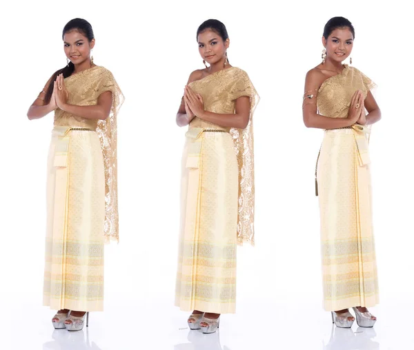 Full Längd Talet Asiatisk Kvinna Bära Thai Gold Traditionell Kostym — Stockfoto