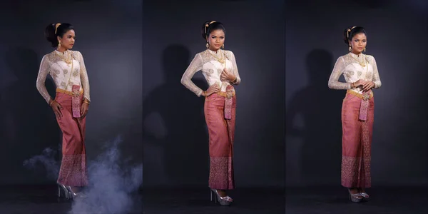 Corps Pleine Longueur 20S Asiatique Femme Porter Thai Gold Costume — Photo