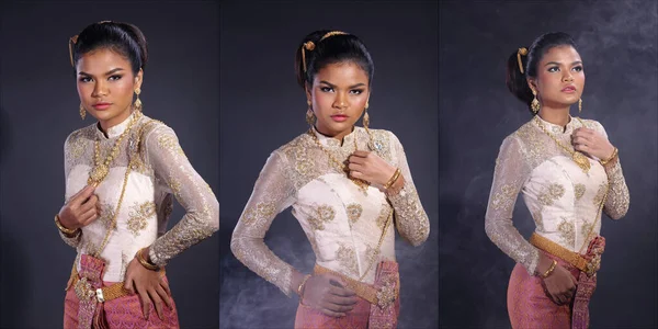 Medio Cuerpo Mujer Asiática Años Usa Traje Tradicional Blanco Dorado —  Fotos de Stock