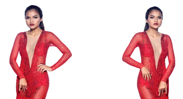 アジアの20代の女性の半体の肖像画は 赤いイブニングガウンロングボールドレスを着用してください 日焼けした肌の女の子スタンドファッションポーズエレガントなスパンコール長いレーススリーブ上の白い背景孤立 — ストック写真