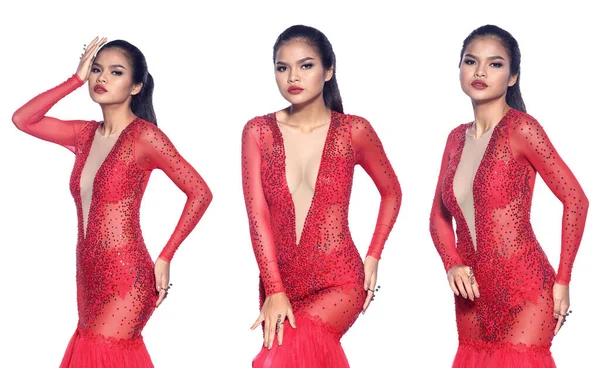 亚洲20多岁女子的半身像 身穿红夜长袍 晒黑的皮肤女孩站在时尚造型优雅的续集长花边袖子与白色背景隔离 — 图库照片