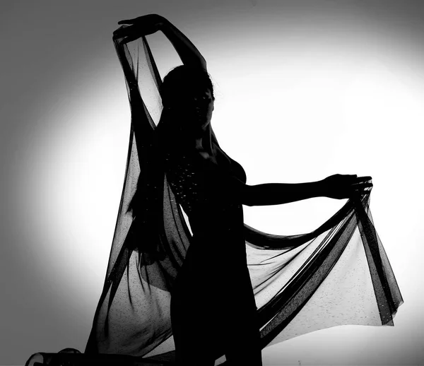 Yarı Vücut Kadın Vücudu Silueti Şeffaf Kumaşla Siyah Beyaz Dans — Stok fotoğraf