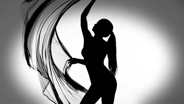 Silhouette Mezzo Corpo Donna Body Danza Con Tessuto Trasparente Bianco — Foto Stock