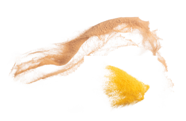 Small Fine size Sand flying explosion, Golden grain wave explode. Abstract cloud fly. Yellow colored sand splash throwing Air. White background Isolated high speed shutter, throwing freeze stop motion