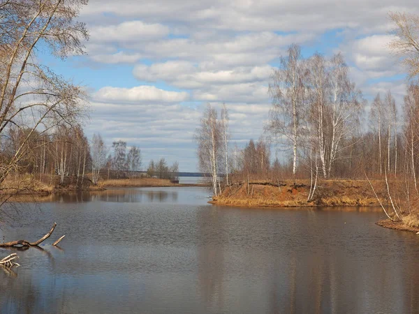 Rivierbaai Voorjaarspark Sneeuw Gesmolten Het Eerste Gras Verschijnt Perm Regio — Stockfoto