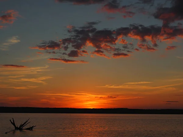 Puesta Sol Verano Río Kama Madera Deriva Agua Hermosas Nubes — Foto de Stock