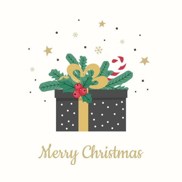 Hadiah Dengan Cabang Cemara Dan Rowan Kartu Natal - Stok Vektor