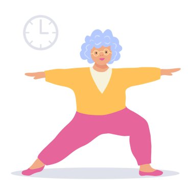 Yaşlı bir kadın yoga yapıyor. Vücut pozitif. Düz stil. Vektör illüstrasyonu.