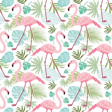 Flamingo ve tropikal yapraklar pürüzsüz. Düz stil. Vektör illüstrasyonu.