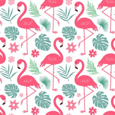 Flamingo ve tropikal yapraklar pürüzsüz. Düz stil. Vektör illüstrasyonu.