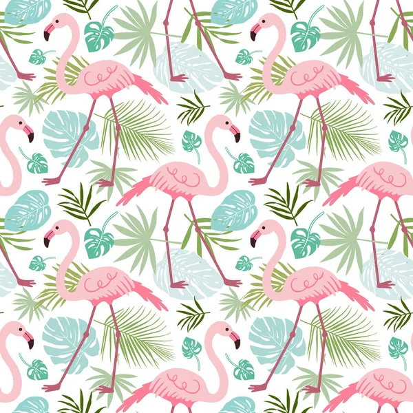 Flamingo ve tropikal yapraklar pürüzsüz. Düz stil. Vektör illüstrasyonu.