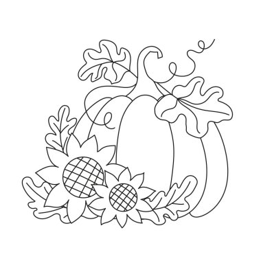 Pumpkin and sunflowers. Outline drawing. Hand-drawn coloring page. Vector illustration.