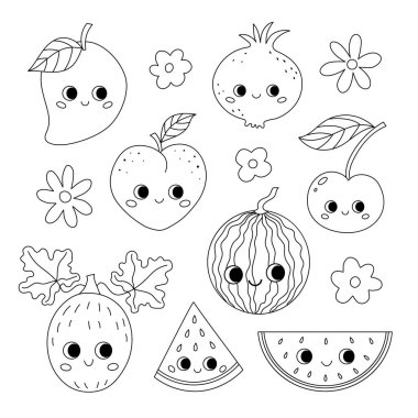 Bir dizi eğlenceli kawaii meyvesi. Taslak çizim. Çocuklar için boyama sayfası.