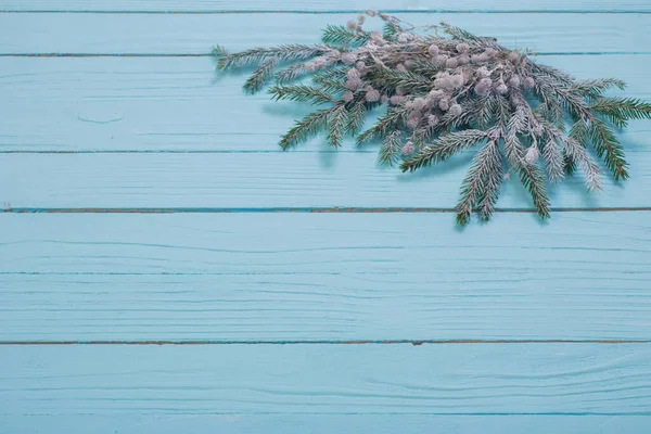 Branches Sapin Dans Neige Sur Fond Bois Bleu — Photo