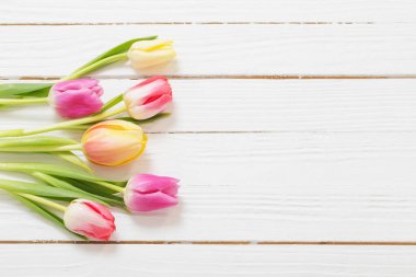 Beyaz ahşap zemin üzerinde güzel laleler