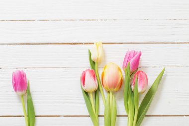 Beyaz ahşap zemin üzerinde güzel laleler