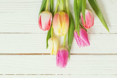 Beyaz ahşap zemin üzerinde güzel laleler