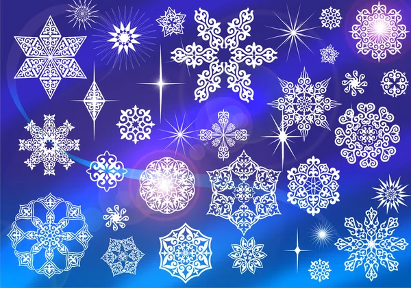 Snowflakes, crystals, magic, snow, ice, white pattern, glitz, glamor, crystals of heaven, zhvezdy asterisk Christmas, Kazakh snowflake, winter holiday, christmas, symmetry,  new christmas tale ll — Stock Vector