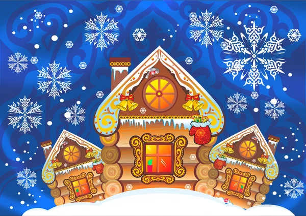 Casa, nieve, cabaña rusa, ivillage Toon, ce, glitz, glamour, cristales del cielo, zhvezdy asterisco Navidad, copo de nieve kazajo, vacaciones de invierno, Navidad, simetría, nuevo cuento de Navidad ll — Archivo Imágenes Vectoriales