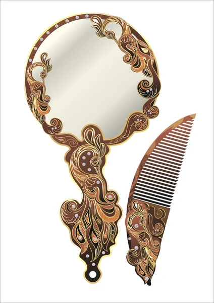 Гребінь, дзеркало, стильний подарунок, весільний подарунок, золотий павич, кристали Сваровського, ювелірний дизайн, модна прикраса, 2015 — стоковий вектор