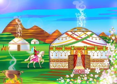 Village, village, yurts, horses, sky, mountains, grasslands, fields, people living in yurts clipart