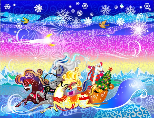 Chariot à trois chevaux avec le Père Noël — Image vectorielle