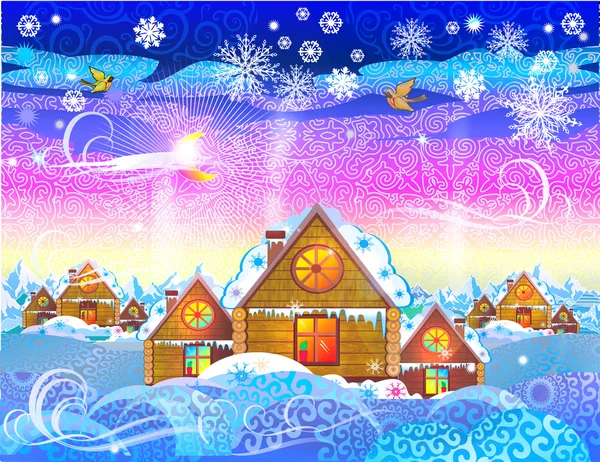 Pueblo de Navidad, casas acogedoras en la mañana de Navidad — Vector de stock
