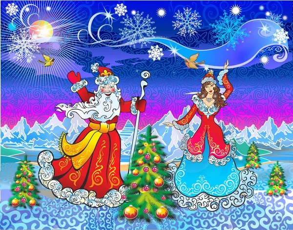 Beautiful Snow Maiden and Santa Claus congratulates all Happy New Year — Stock Vector
