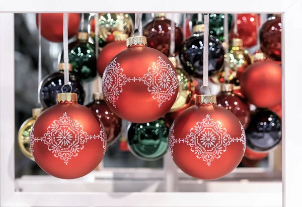 Red Christmas Balls Winter Ornaments White Frame New Year Toys — Stock Photo, Image