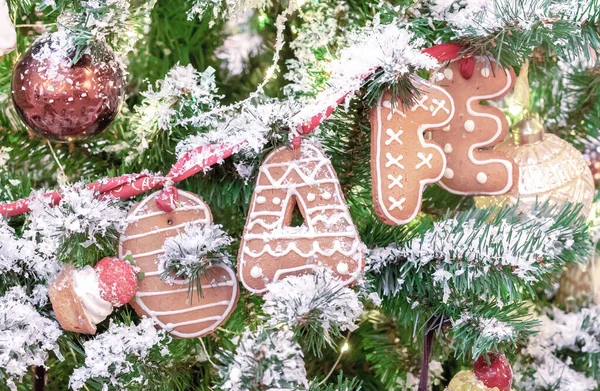 Biscoitos Gengibre Forma Letras Com Palavras Café Árvore Natal — Fotografia de Stock