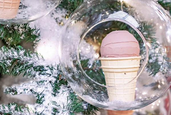Chocolate Ice Cream Waffle Cup Transparent Ball Christmas Tree — Stock Photo, Image