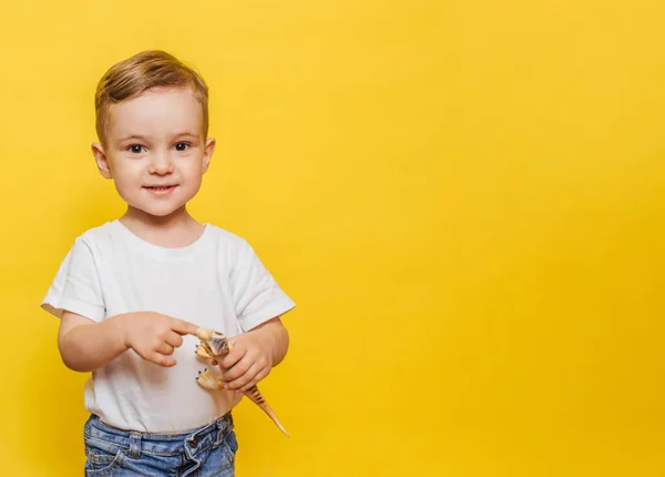 Netter lachender kleiner Junge auf gelbem Hintergrund mit einem Dinosaurierspielzeug in der Hand. Kopierraum. — Stockfoto