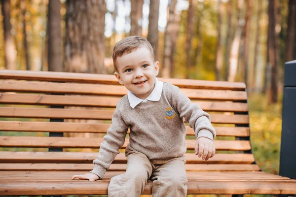 Niño feliz sentado en un banco en el parque en otoño — Foto de Stock