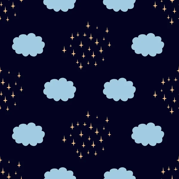 Nubes Azules Estrellas Amarillas Sobre Fondo Azul Adorno Infantil Adecuado — Vector de stock