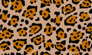 Leopar deseni. Moda olmayan vektör baskısı. Hayvanların dokusunu. Bej arka planda jaguar lekeleri var. Giysi ya da kumaş üzerine boyanmış çita derisi taklidi, modern tekstil.